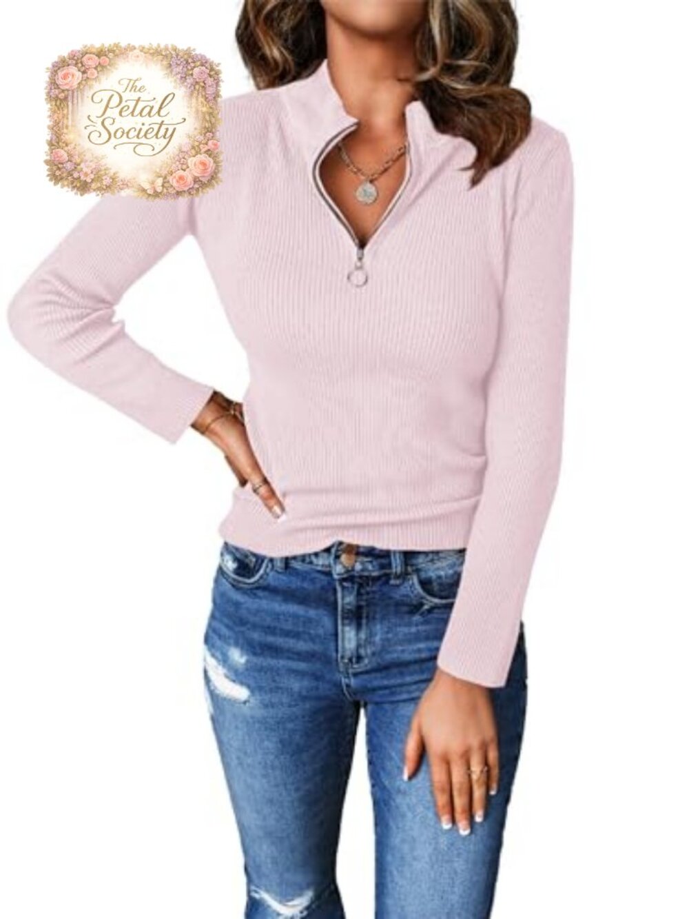 Women's Quarter Zip Mock Neck Ribbed Fitted Sweater Long Sleeve